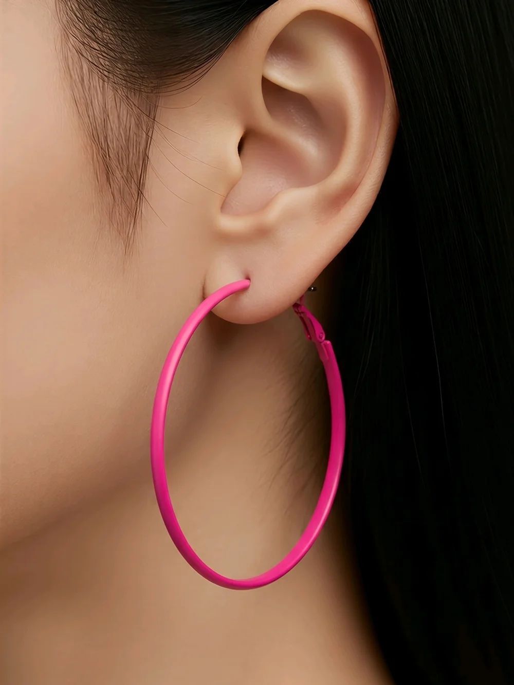 Neon Pink Hoop Earrings 65mm XL Glow Party Rave Blacklight Fluorescent Statement